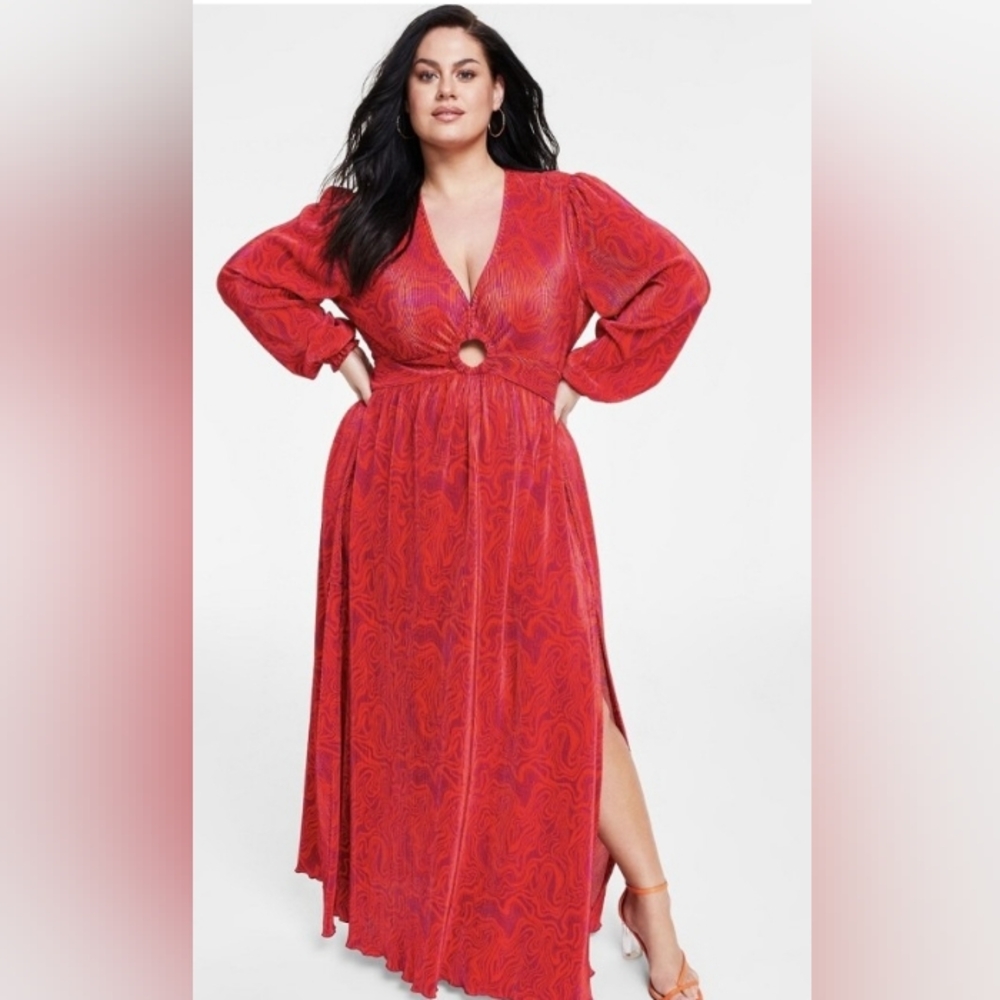 Plus Size Red Printed Long Sleeve‎ Maxi Dress with Ring Waist,